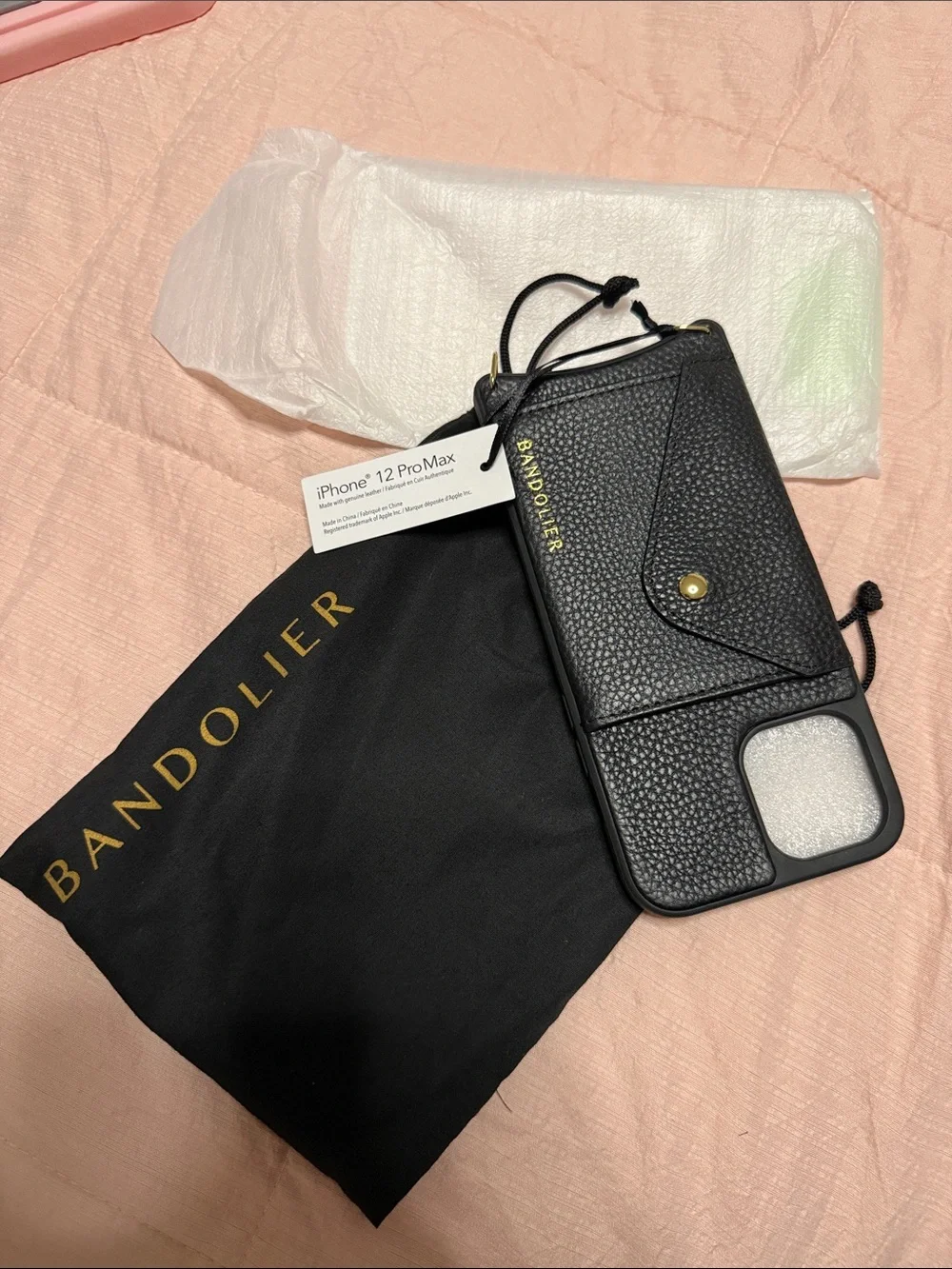 New Bandolier Black Leather Crossbody Phone Case with Card Pocket